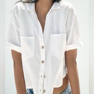 NEW ZARA button down linen blend crop shirt